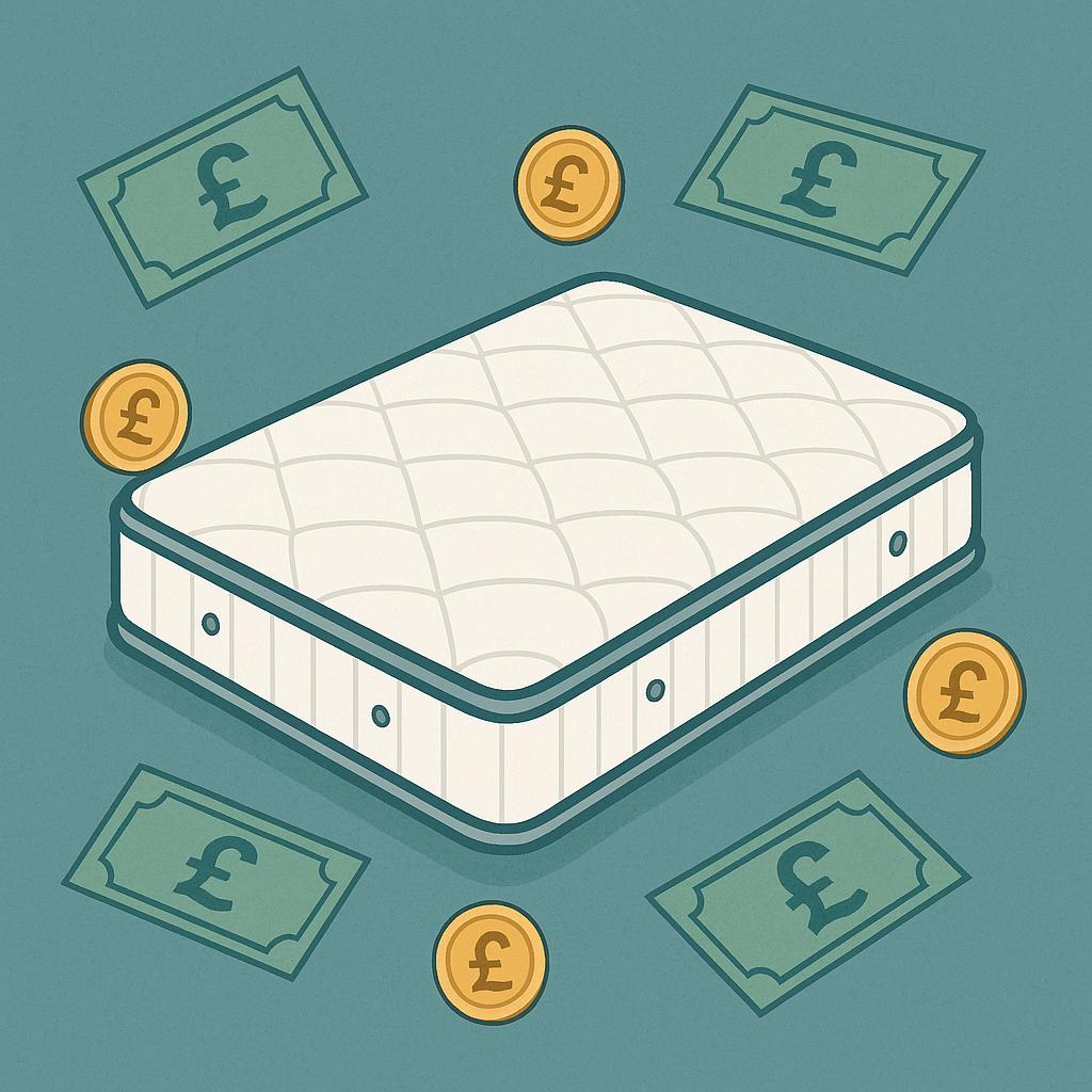 How Much Should You Spend on a Mattress? - Animated mattress on a green background surrounded by money - Beds4us