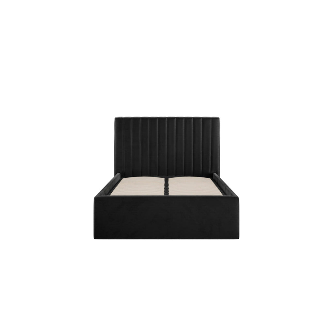 Berlin Low Headboard Ottoman Storage Bed (Velvet Fabric) - Single Black bed frame with wooden slats on a white background