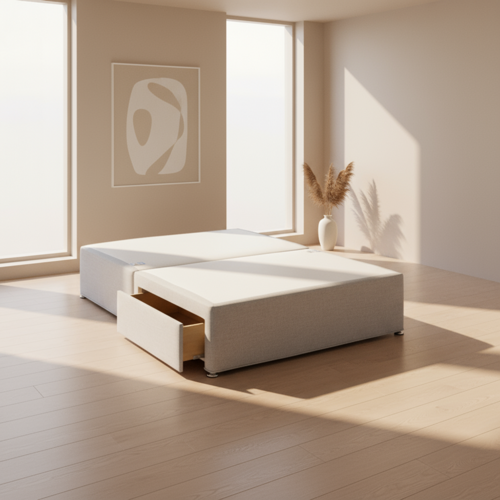 Deep Sleep Divan Base - 2 Drawer divan base in a beige room setting with one drawer slightly open - Beds4Us