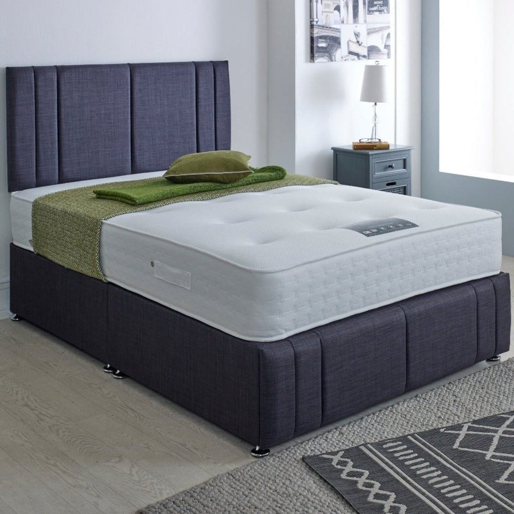 Dura Beds Richmond Gold 1000 Pocket Mattress - On a blue base in a modern grey room - Beds4Us