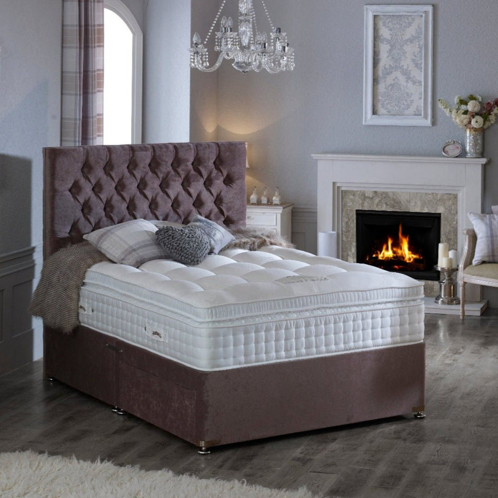 Heritage Natural Gold 3500 Super Soft Mattress - On a bed base in a classy room, in front of a fire - Beds4Us