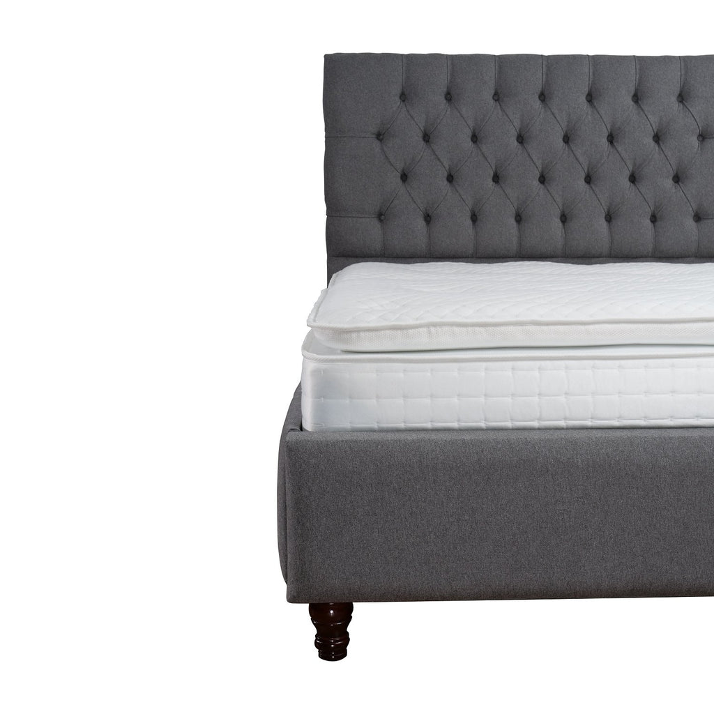 Kayflex Tranquil 3000 Pocket Plush Mattress- close up of mattress on a grey upholstered bed frame - Beds4Us