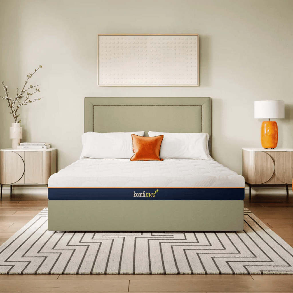 Komfi Med Ortho Cooling Firm Gel Mattress - On a bed in a modern bedroom, positioned face on - Beds4us