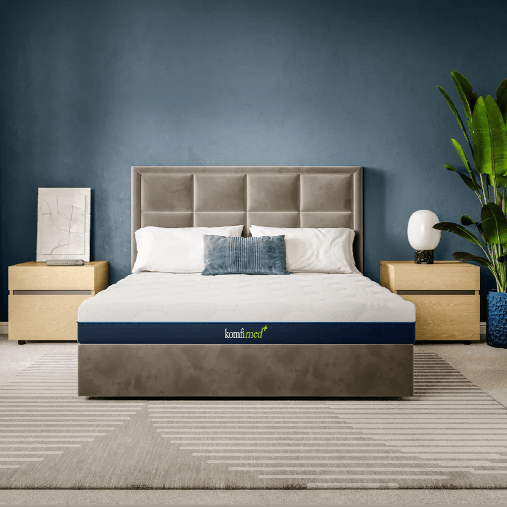 Komfi Med Pro Medium Memory Gel Mattress - On a bed in a modern bedroom, positioned face on - Beds4us
