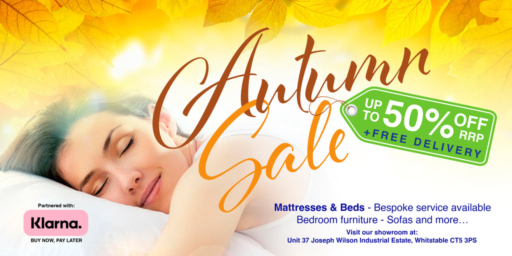 Mattress & Bed Autumn sale banner - Yellow/orange autumn themed colours, promoting sale, woman sleeping on a bed with pillow - Beds4us