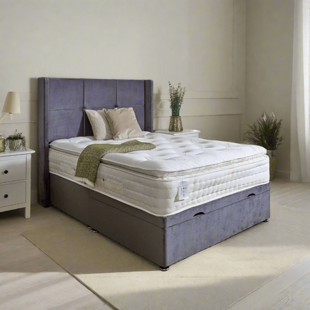 Shakespeare Beds Pillow Top 3000 Healthy Mattress - mattress on ottoman base with headboard in room setting - Beds4Us