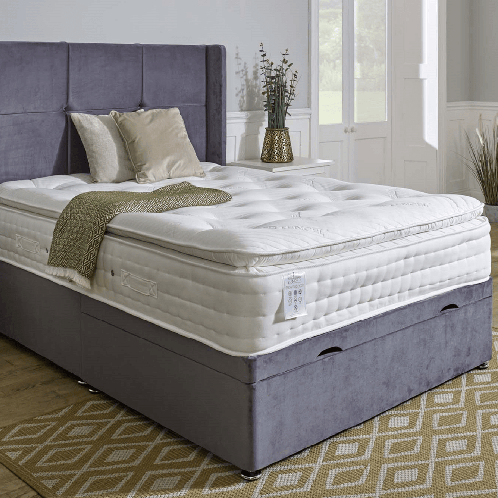 Shakespeare Beds Pillow Top 3000 Healthy Mattress - close up of mattress on ottoman divan base with headboard - Beds4Us