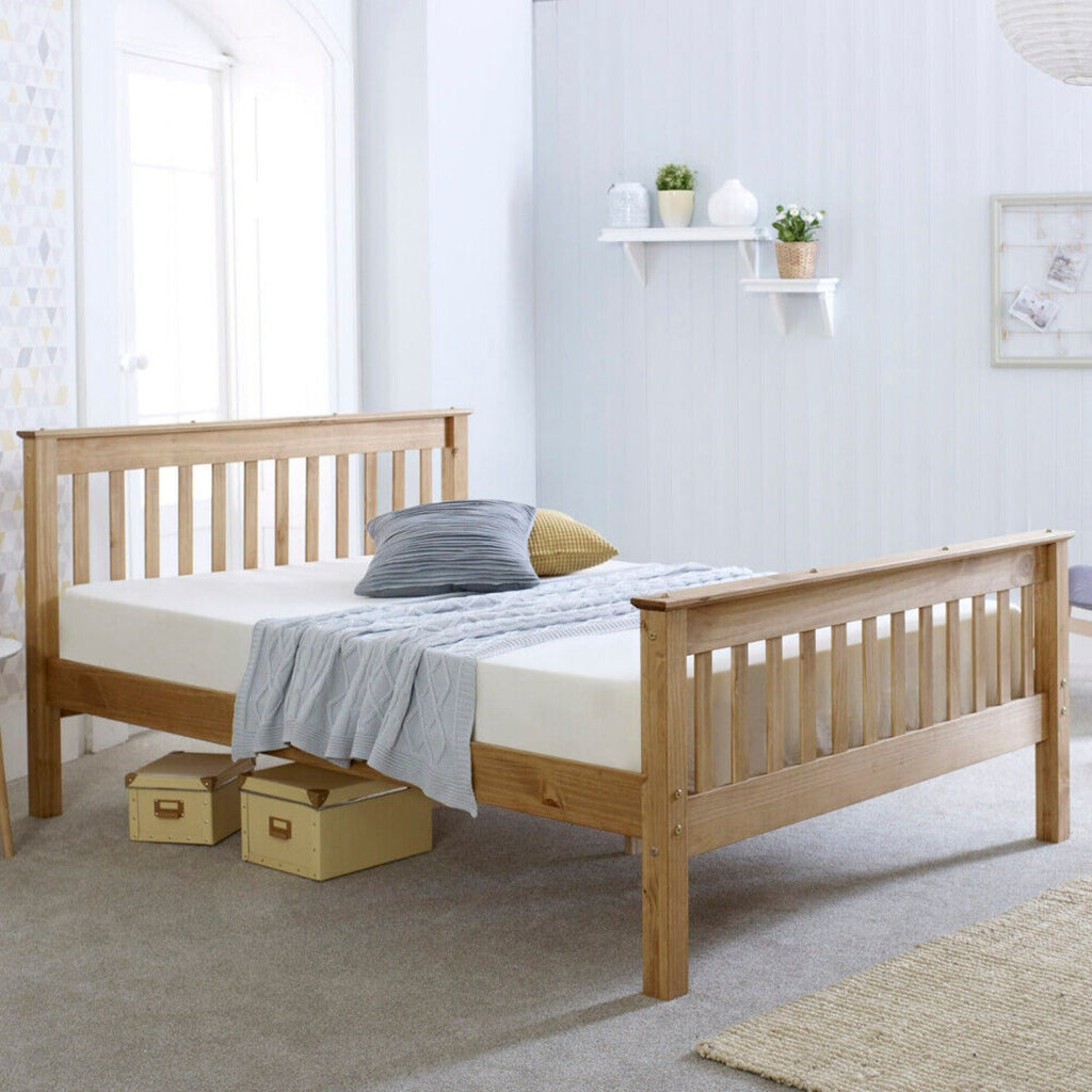 Somerset Solid Pine Wooden Bed - Waxed pine double wooden bed frame positioned at an angle in a light bedroom - Beds4Us