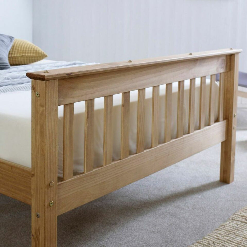 Somerset Solid Pine Wooden Bed - Waxed pine wooden bed frame, close up of footboard - Beds4Us