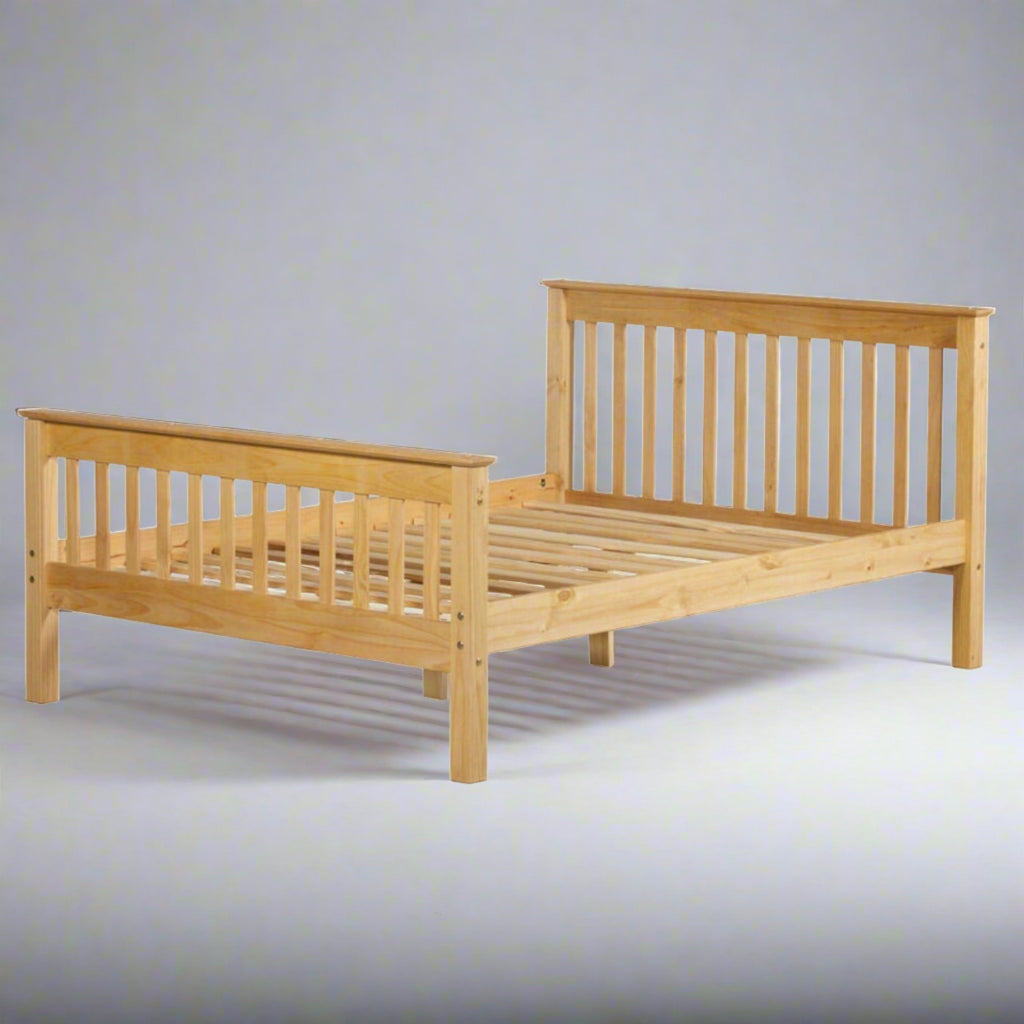 Somerset Wooden Bed - Waxed pine single wooden bed frame positioned at an angle on a grey background - Beds4Us