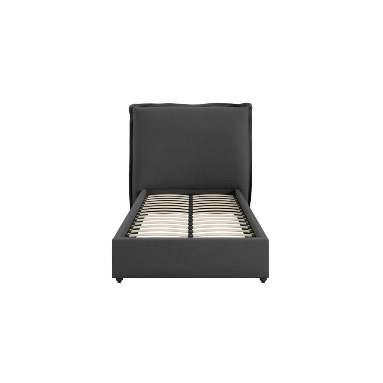 Sunday Upholstered Pillow Headboard Bed Frame - Single dark grey upholstered bed frame on a white background