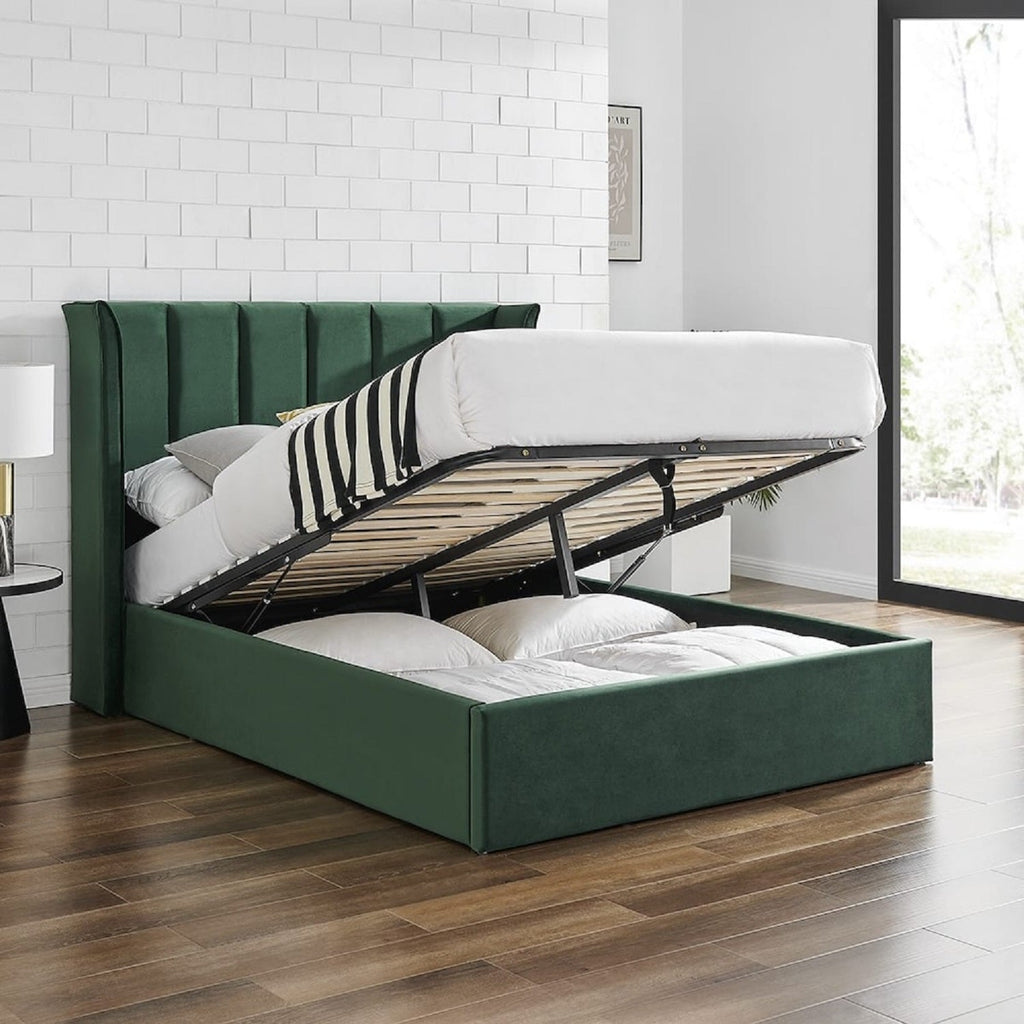 Allegra Velvet Curved Winged Headboard Ottoman Bed - Emerald bed showing ottoman storage - Beds4Us