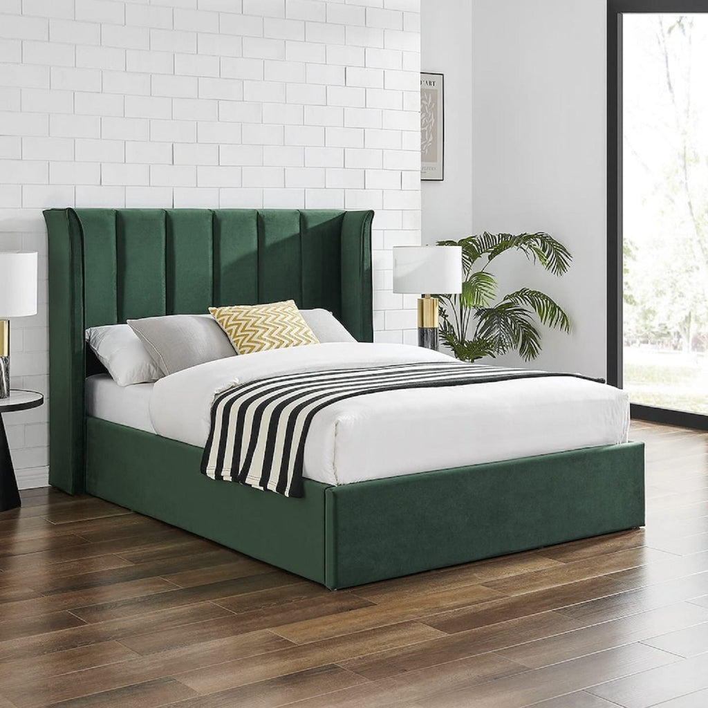 Allegra Velvet Curved Winged Headboard Ottoman Bed - Emerald bed in a white room setting - Beds4Us