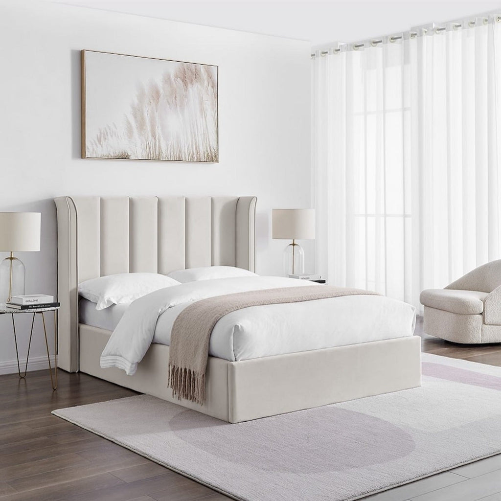 Allegra Velvet Curved Winged Headboard Ottoman Bed - Natural ottoman bed in a neutral bedroom - Beds4Us