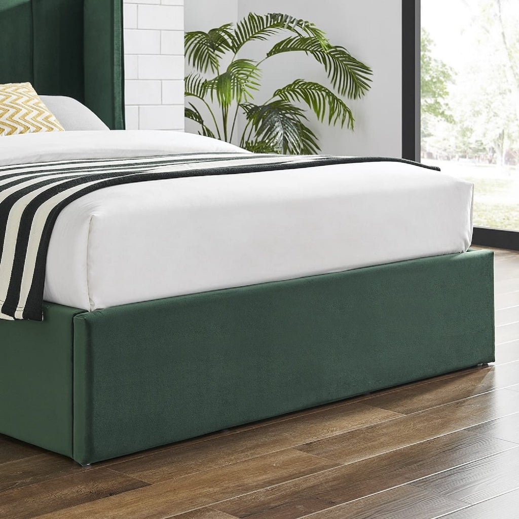 Allegra Velvet Curved Winged Headboard Ottoman Bed - Close up of emerald foot board - Beds4Us