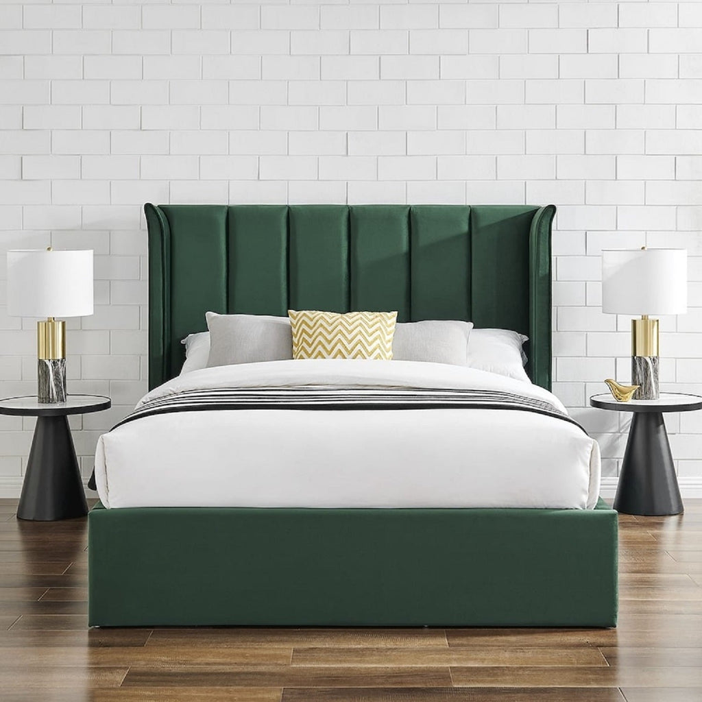 Allegra Velvet Curved Winged Headboard Ottoman Bed - Emerald bed showing foot end and headboard - Beds4Us