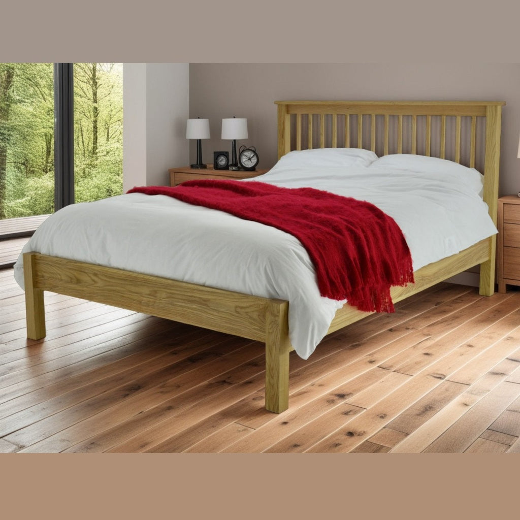 Ashbourne Solid Oak Wooden Bed Frame - Double Ashbourne bed frame in a neutral modern bedroom, positioned at an angle - Beds4Us