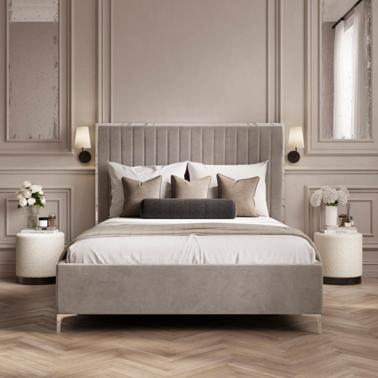 Berkeley Fluted Headboard Bed Frame (Velvet Fabric) - Neatly made mink grey bed with decorative pillows in a stylish bedroom setting.