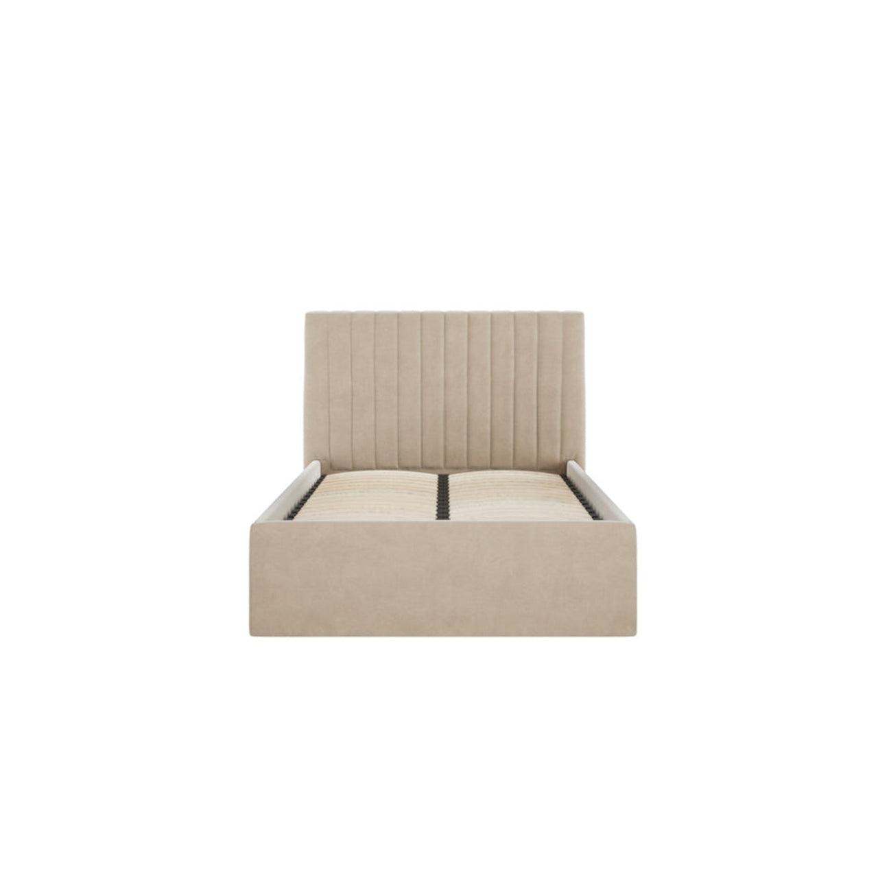 Berlin Low Headboard Ottoman Storage Bed (Velvet Fabric) - Single Beige upholstered bed with a striped headboard on a white background