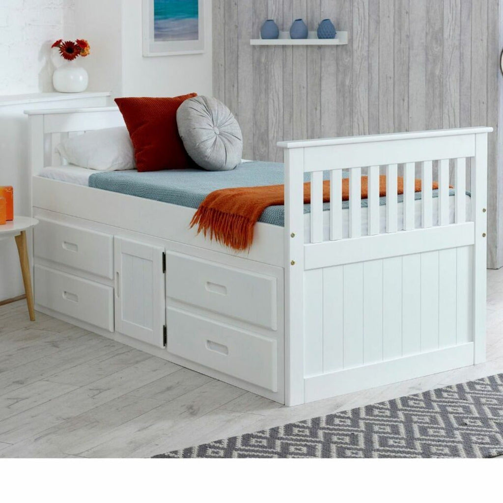 Captains Wooden Underbed Storage Bed - Captain's bed in white, positioned at an angle in a grey bedroom - Beds4Us