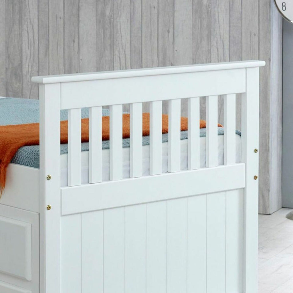 Captains Storage Wooden Bed Frame - Close up of captain's bed footboard in white, positioned at an angle in a grey bedroom - Beds4Us