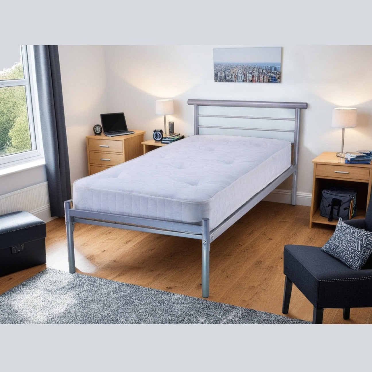 Conmesh Metal Mesh Base Bed - Grey metal bed frame positioned at an angle, in a modern bedroom - Beds4Us