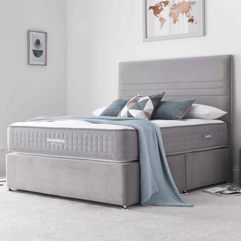 Deep Sleep Cooltouch Dream 1000 Mattress - mattress on divan base with headboard in light grey room setting - Beds4Us