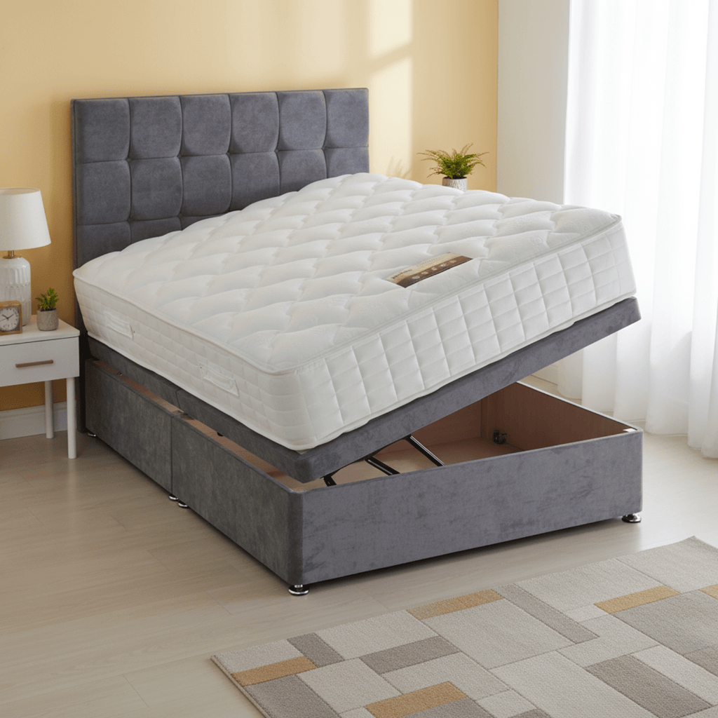 Deep Sleep Premium Ottoman Base (Divan Type)) - Side opening ottoman in linen style fabric showing the bed in the open position - Beds4Us