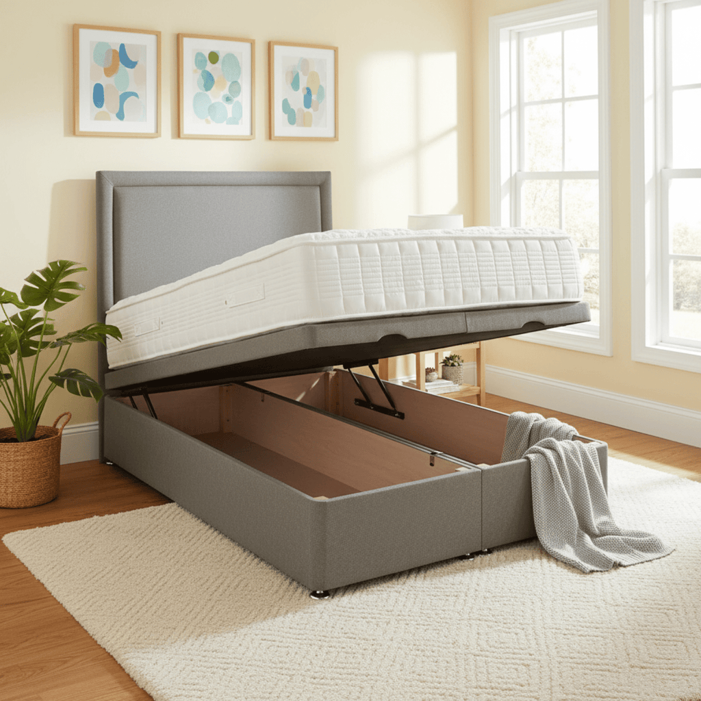 Deep Sleep Premium Ottoman Base (Divan Type)) - End opening ottoman in linen style fabric - Beds4Us