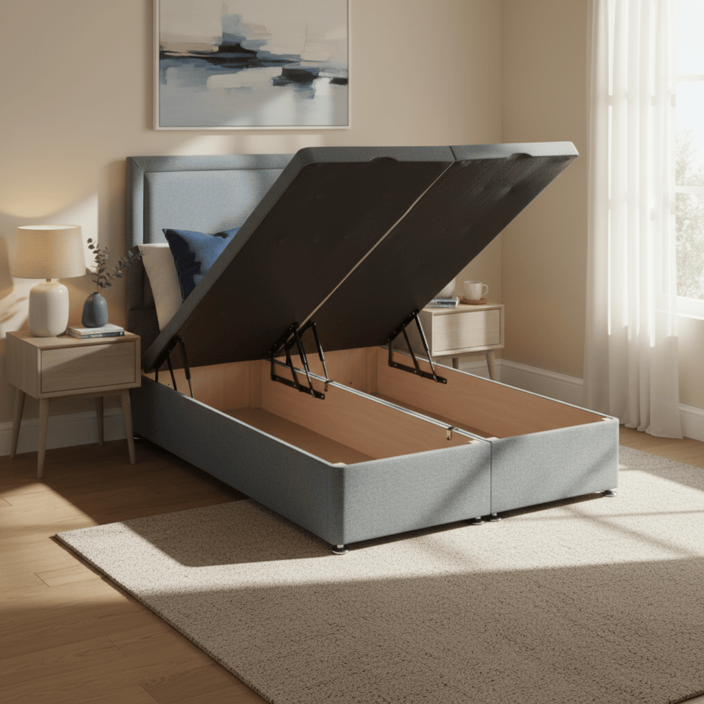 Deep Sleep Premium Ottoman Base (Divan Type)) - End opening ottoman in fully open position showing storage  - Beds4Us