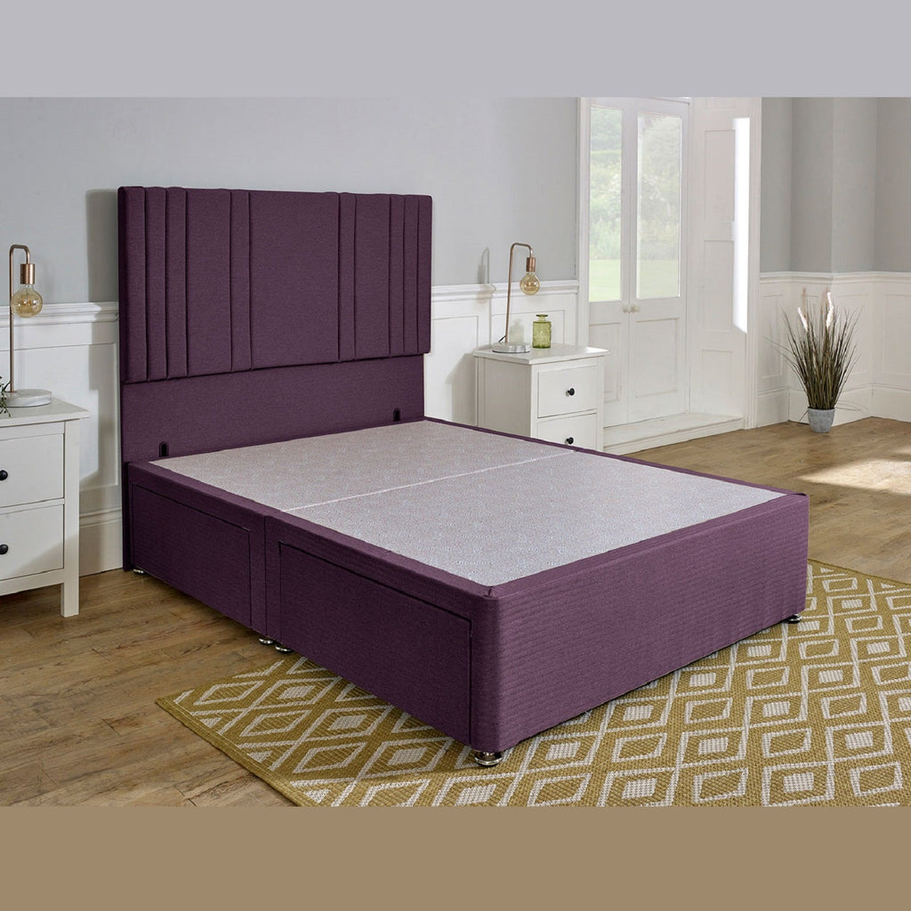 Dorlux Divan Base - Purple linen style thistlebase without mattress in a room with white walls and wooden flooring - Beds4us