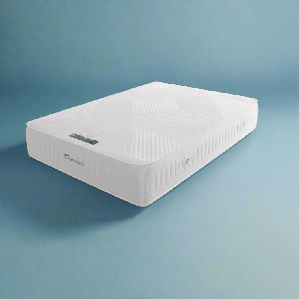 Dura Beds Microtencel 1000 Natural Latex Mattress - Mattress on a green background, positioned at an angle - Beds4Us