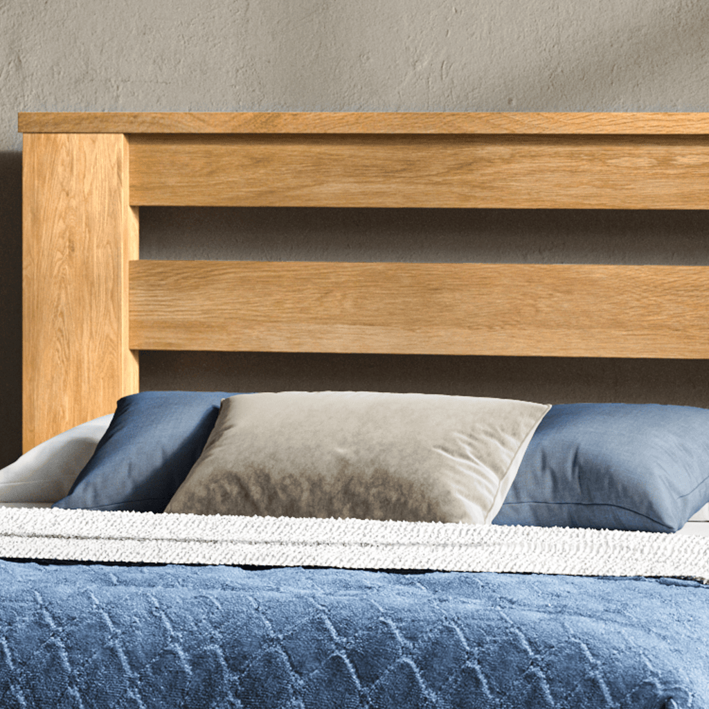 Emporia Beds Charnwood Ottoman Storage Bed Oak - close up of headboard - Beds4Us