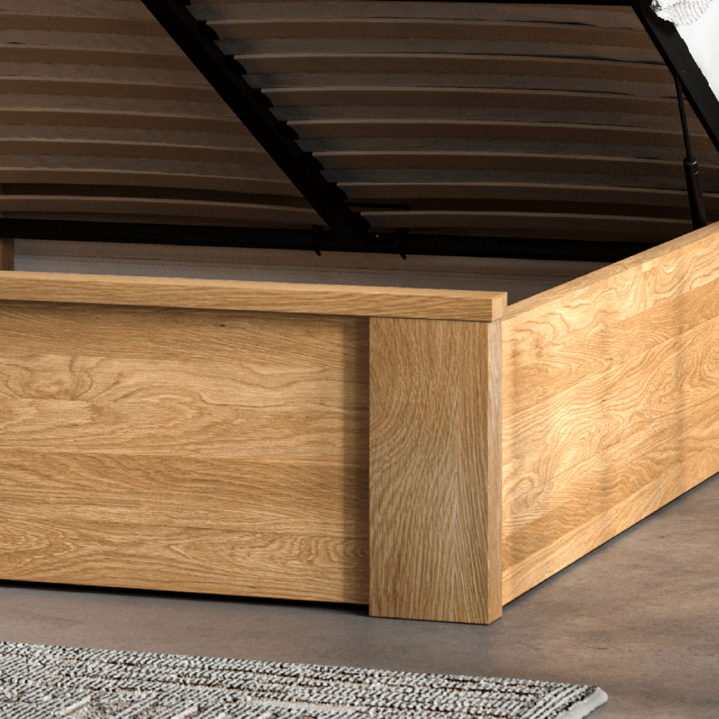 Emporia Beds Charnwood Ottoman Storage Bed Oak - close up of foot end corner - Beds4Us