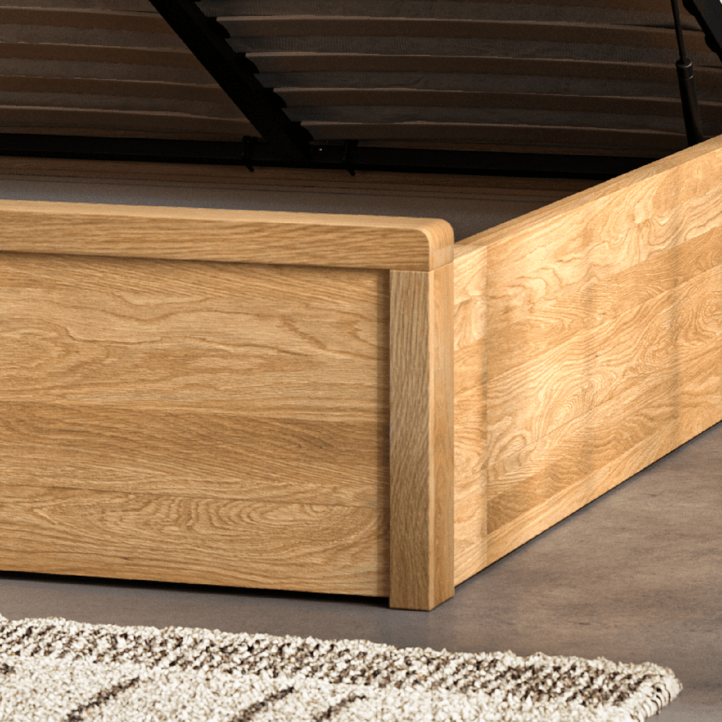 Emporia Beds Modena Ottoman Storage Bed Oak - close up of foot end corner - Beds4Us