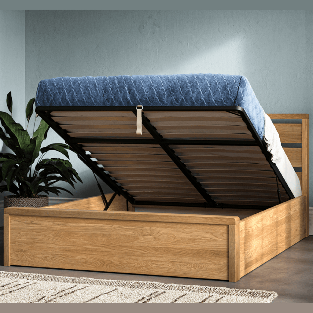 Emporia Beds Modena Ottoman Storage Bed Oak - angled view of open ottoman - Beds4s