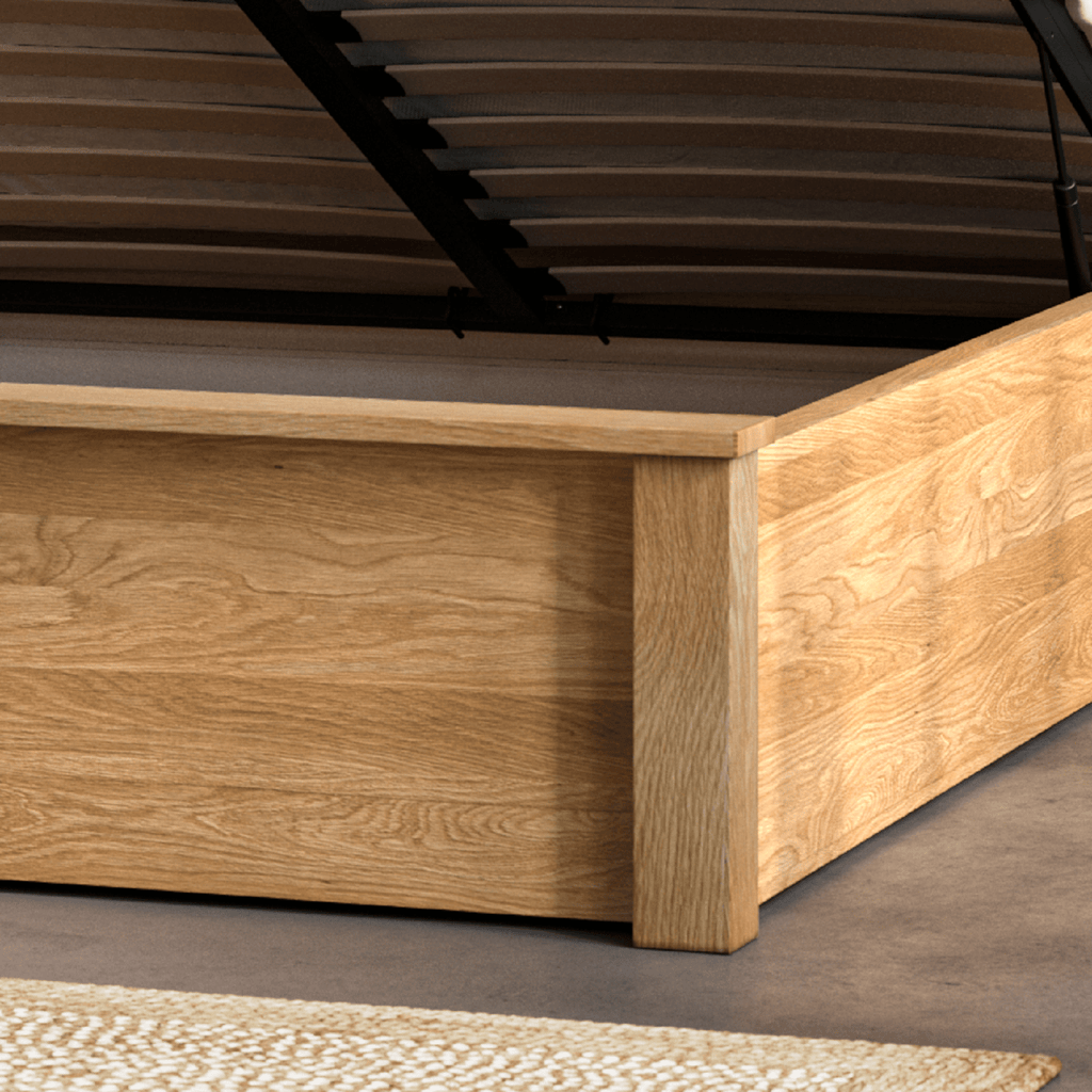 Emporia Beds Monaco Ottoman Storage Bed - oak - footend close up - Beds4Us