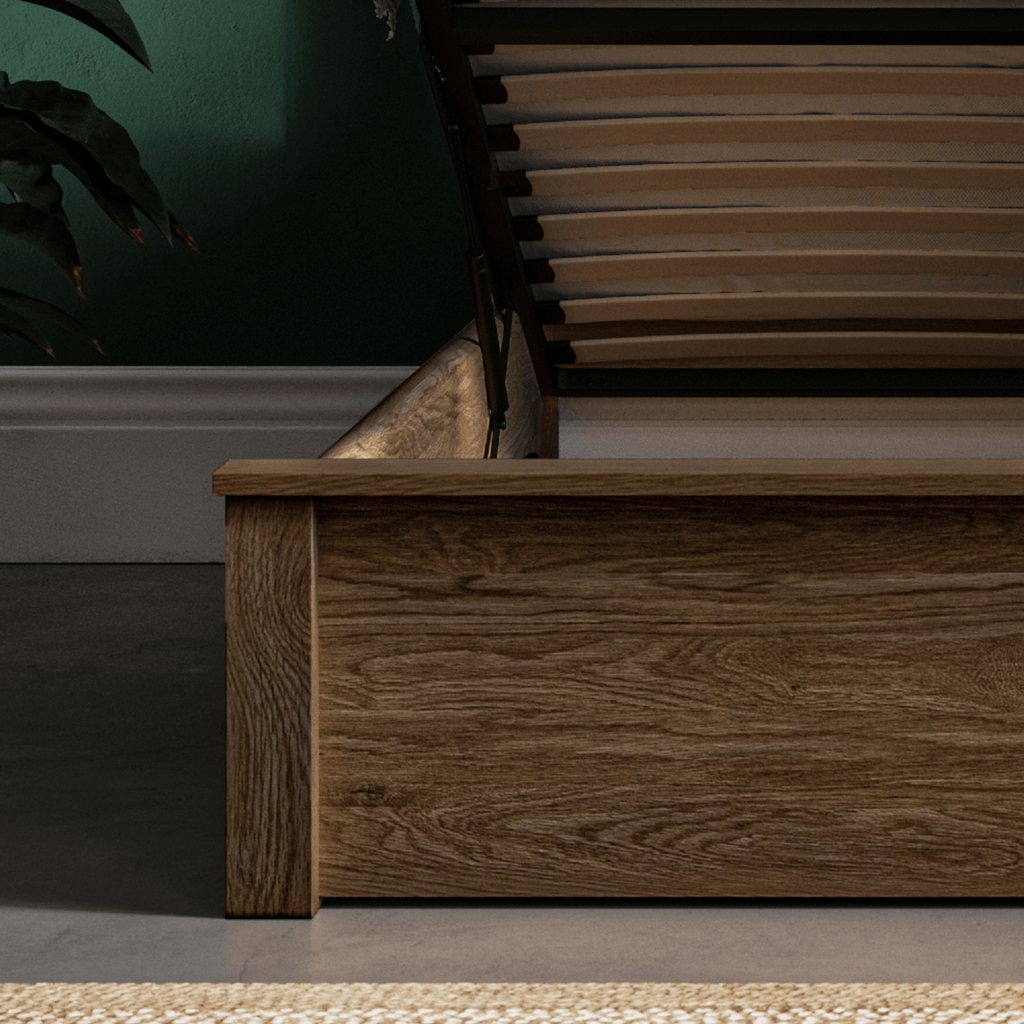 Emporia Beds Monaco Ottoman Storage Bed - warm oak - close up of footend - Beds4Us