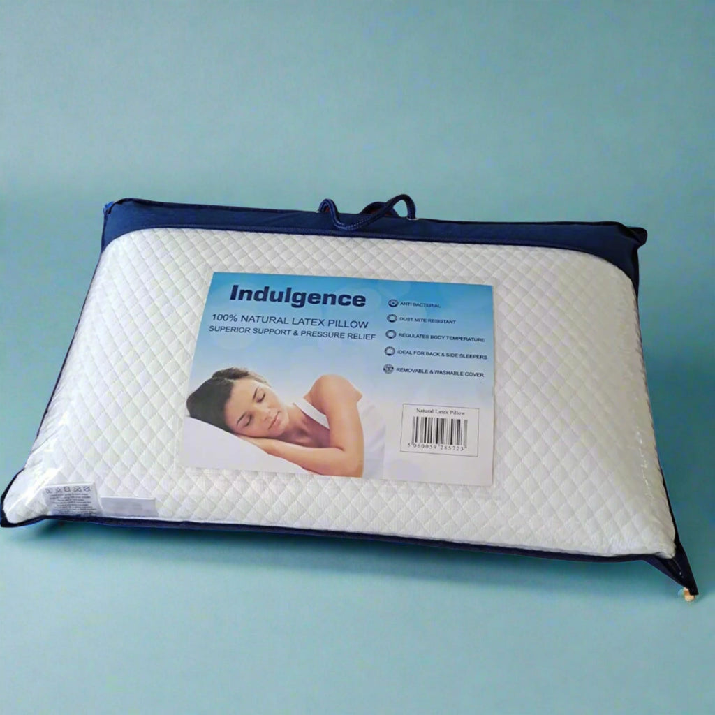 Indulgence Latex Pillow - In it's packaging on a blue background - Beds4us
