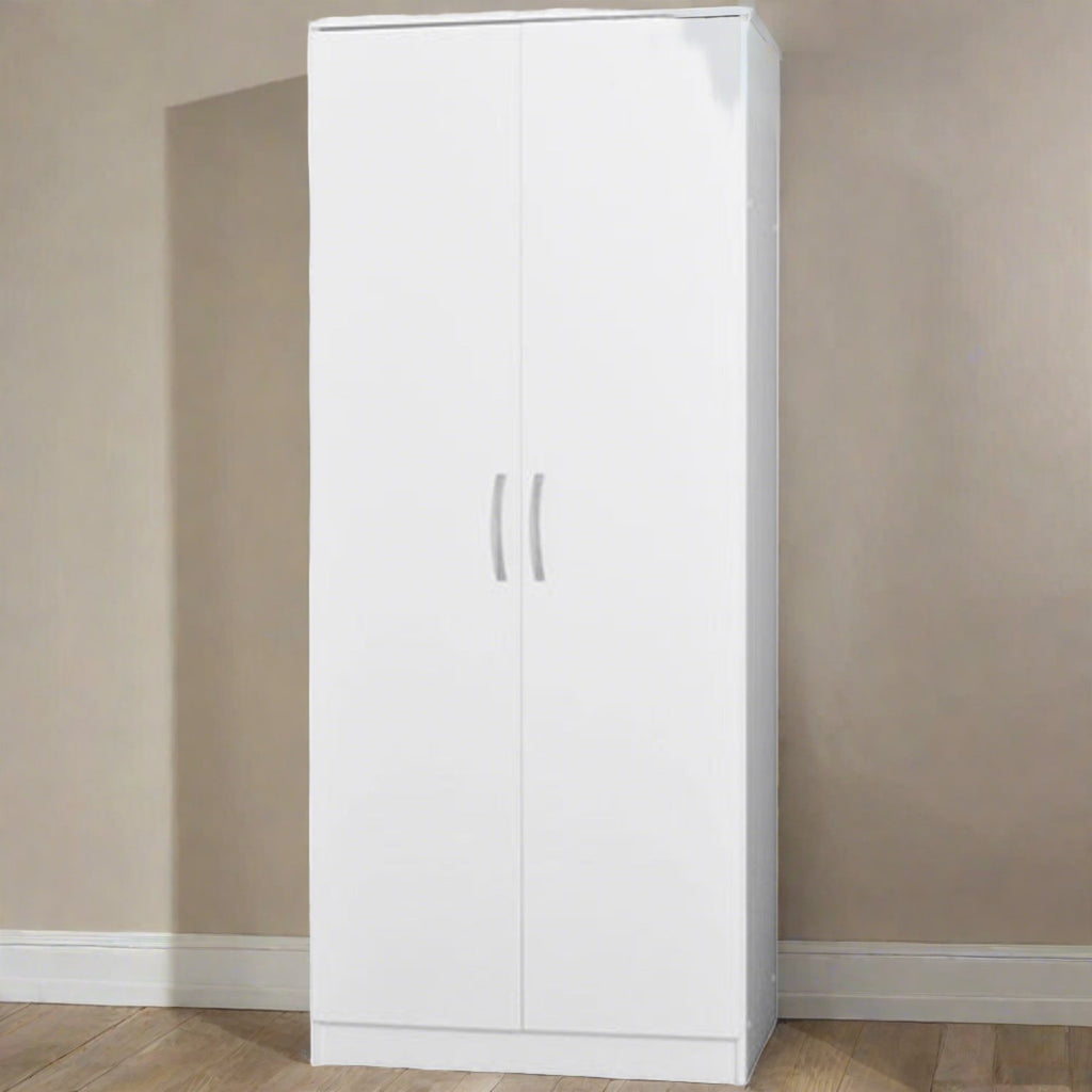 JJ 2 Door Wardobe - White Wardrobe with 2 doors and silver handles, enlarged in a beige bedroom - Beds4Us