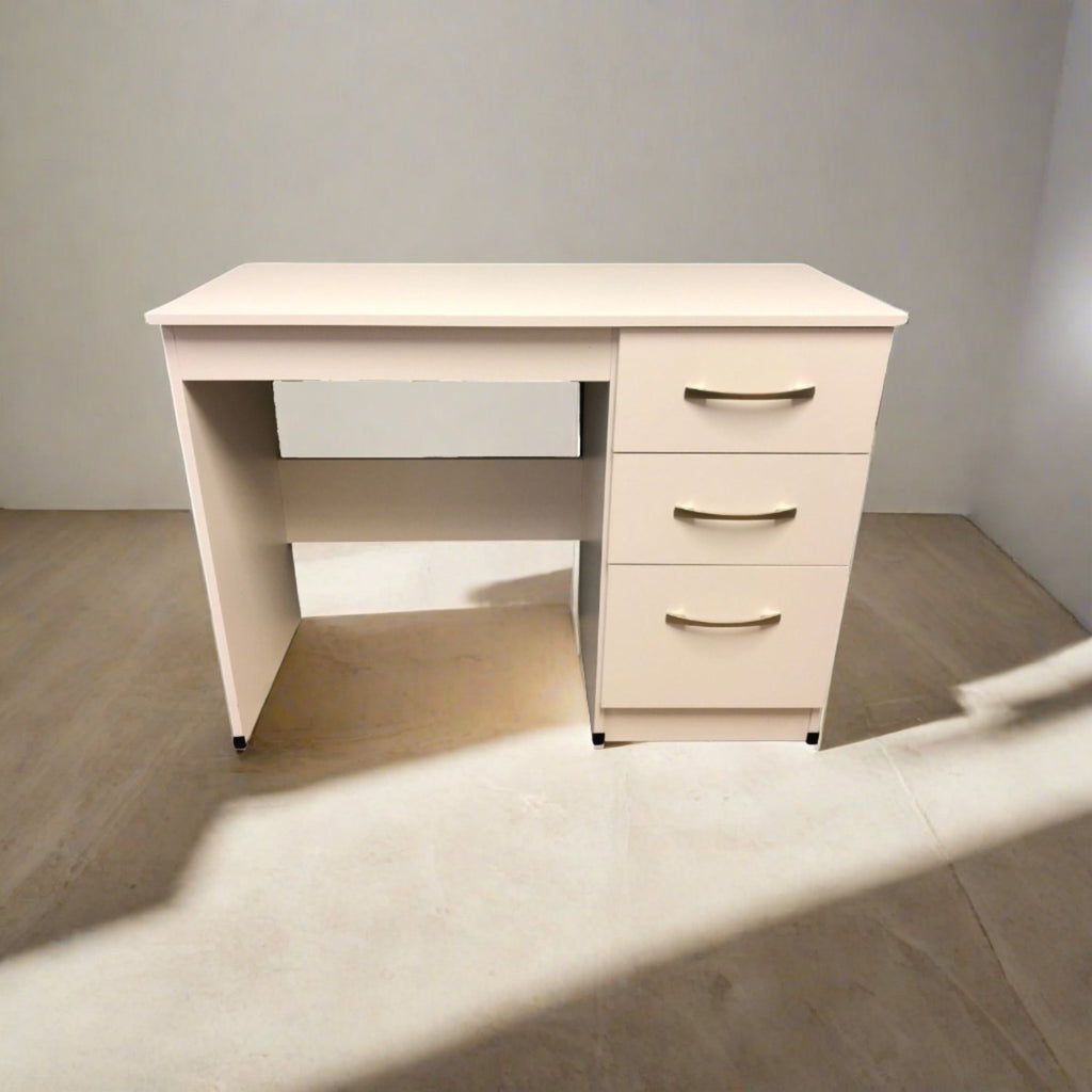 JJ 3 Drawer Desk/Dressing Table - White Desk with 3 drawers and silver handles, enlarged in a beige bedroom - Beds4Us