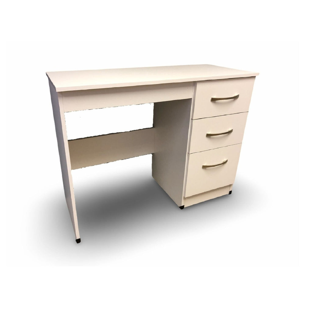 JJ 3 Drawer Desk/Dressing Table - White Desk with 3 drawers and silver handles, at a slight angle enlarged on a white background - Beds4Us