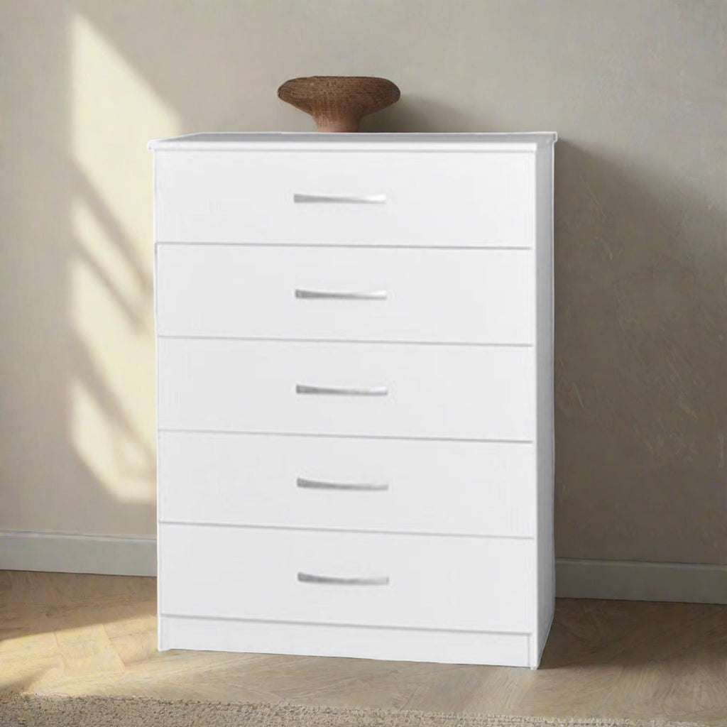 JJ 5 Drawer chest - White chest of drawers with 5 drawers and silver handles, enlarged in a grey and beige bedroom - Beds4Us