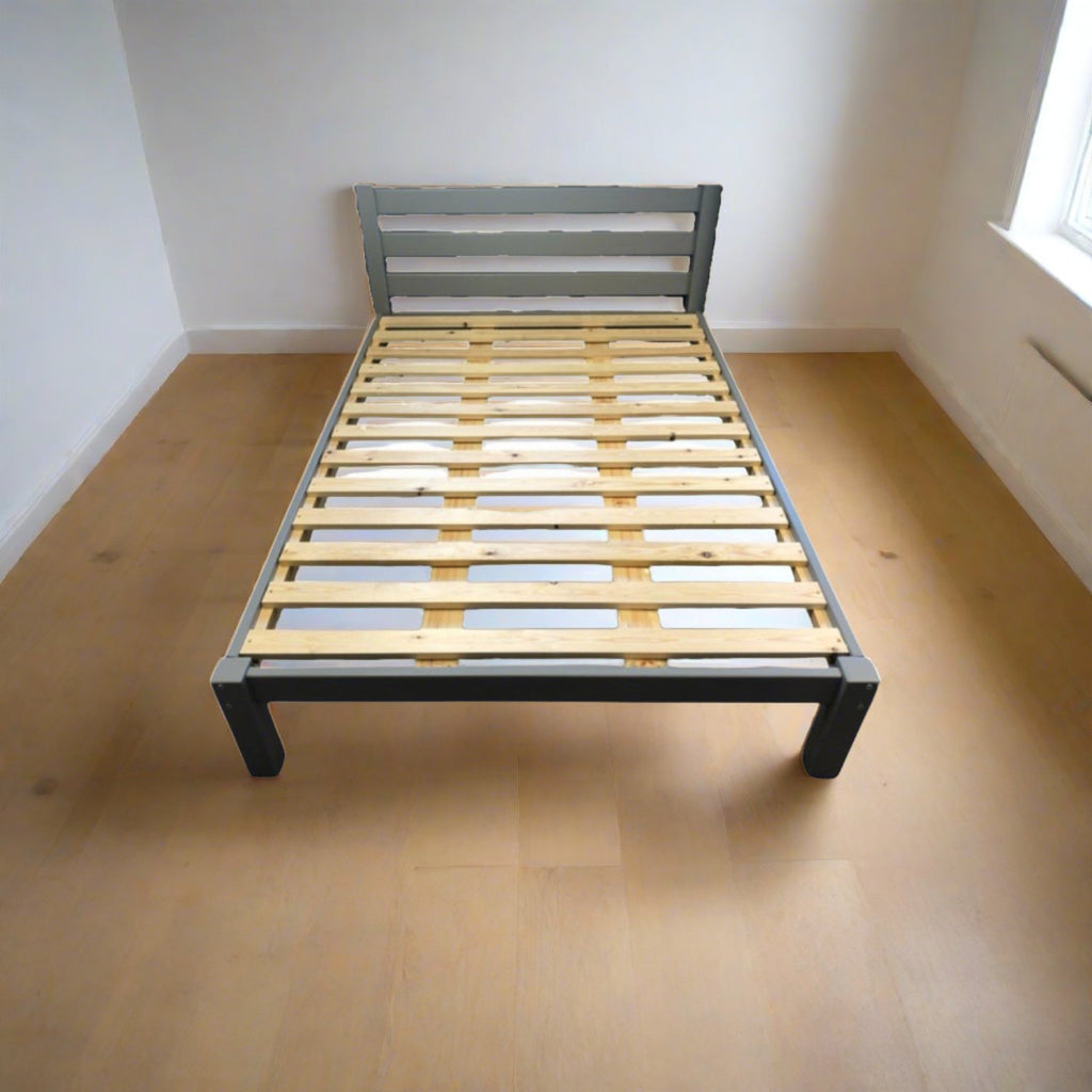 JJ Ranch 4 Rail Bed - Solid wooden bed displaying extra strong slat base, in an empty modern room - Beds4us