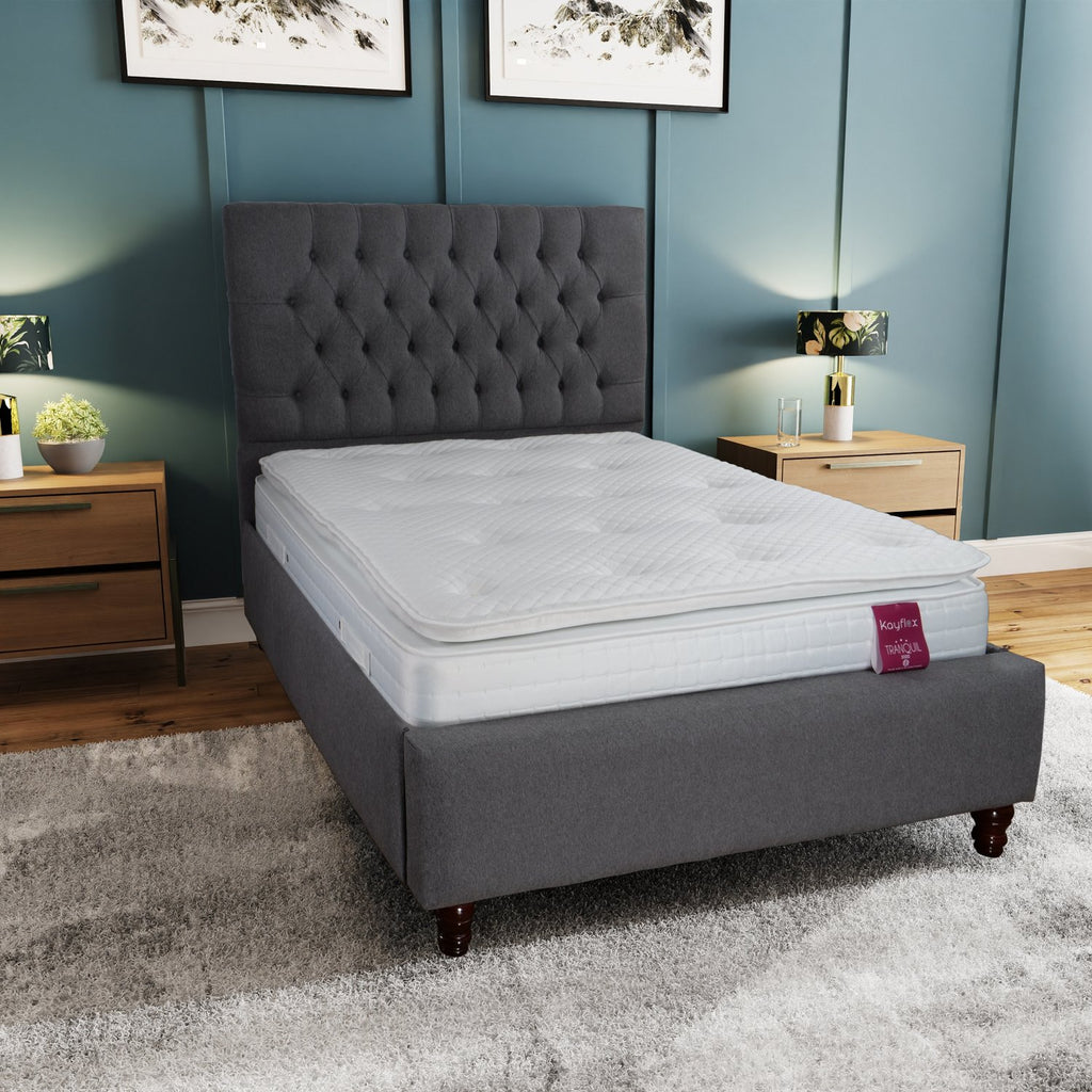 Kayflex Tranquil 3000 Pocket Pillow Top Mattress - mattress on upholstered bed frame with headboard in a bedroom setting - Beds4Us