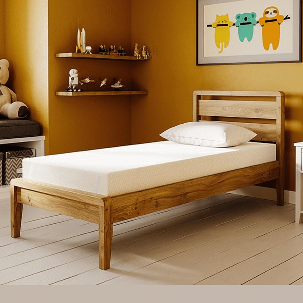 Komfi Active Kids Trundle Support Foam Mattress - mattress on bed in a kids bedroom, positioned at an angle - beds4us