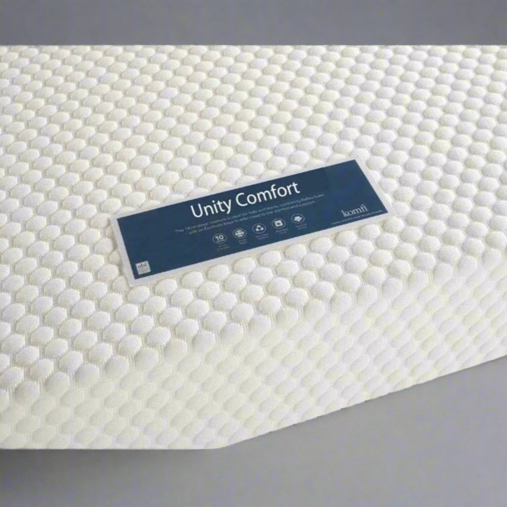 Komfi Unity Comfort Bunk Bed Mattress - mattress label and surface - Beds4Us