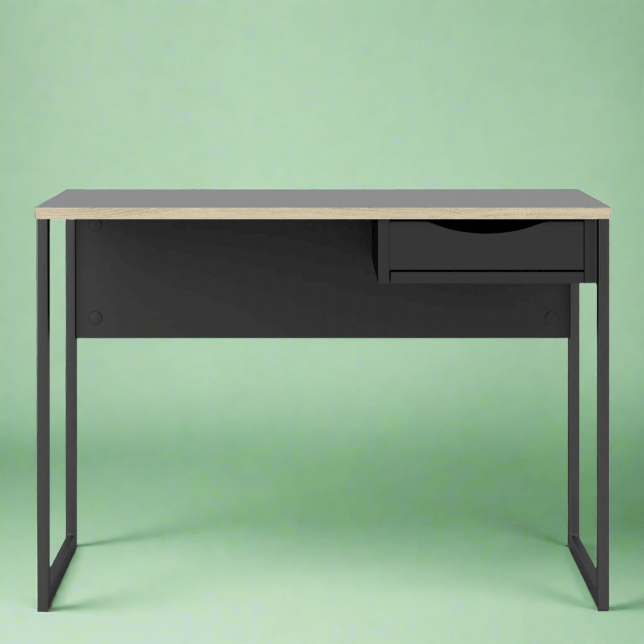 Laminated Board 1-Drawer Desk - Black desk with oak effect trim - Beds4Us