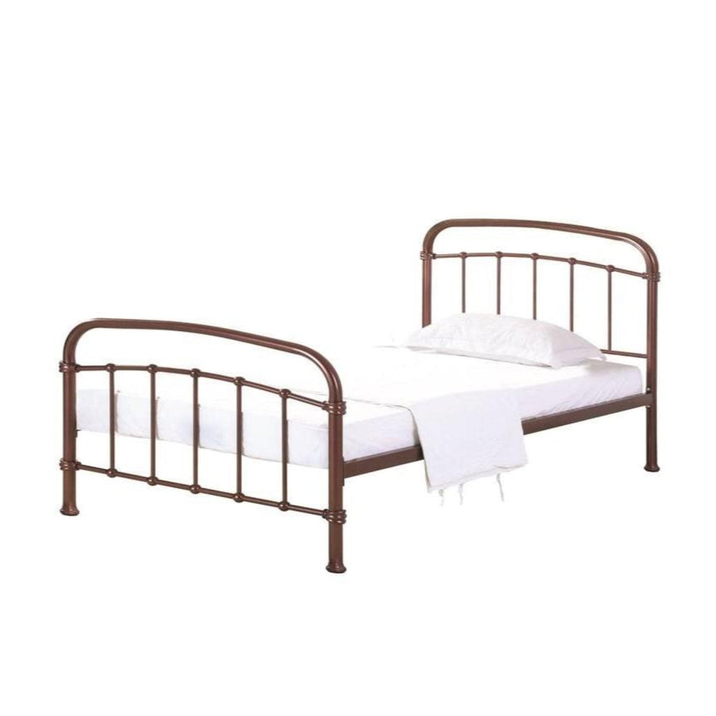 Halston Metal Bed Frame - Copper coloured metal bed frame with rounded headboard and footbaord and vertical bars, on a white background, positioned at an angle- Beds4Us