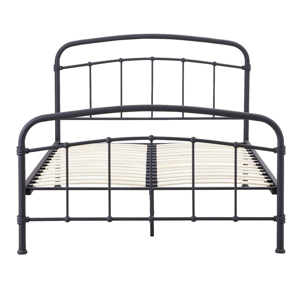 Halston Metal Bed Frame - Black metal bed frame with rounded headboard and footbaord and vertical bars, on a white background, positioned head on showing slats- Beds4Us